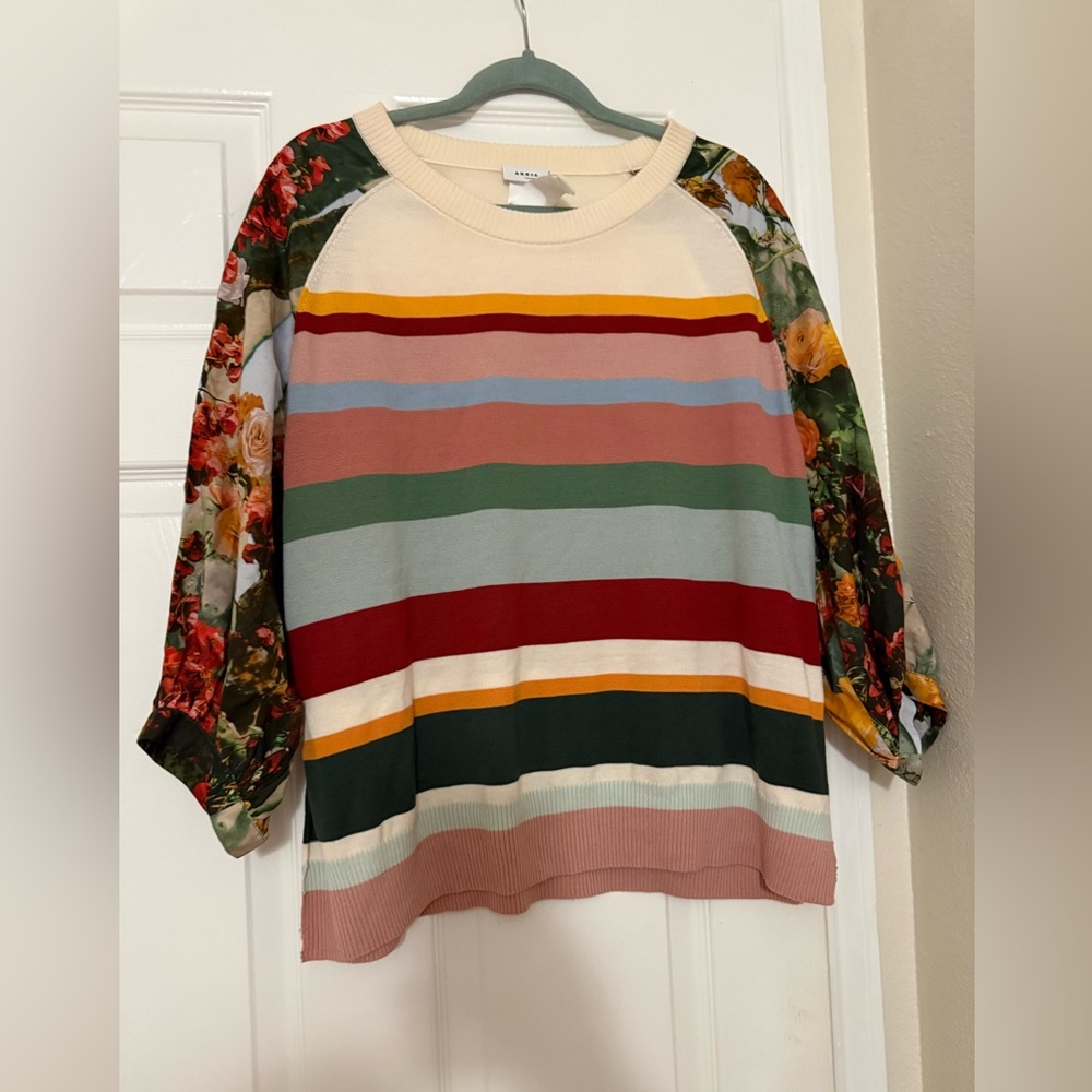 Akris Punto Cactus Blossom Stripe Print Wool Sweater Knitwear Intarsia Floral - Picture 2 of 13